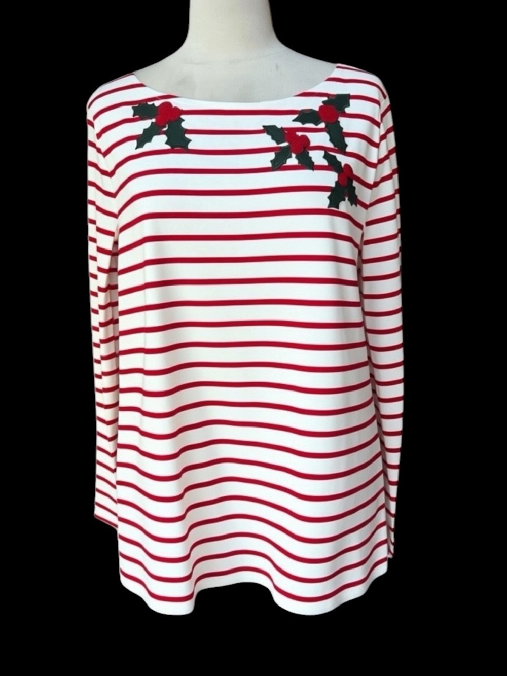 NWOT‎ Talbots 100% Cotton Holly Berry Stripe Embroidered Neck Tee